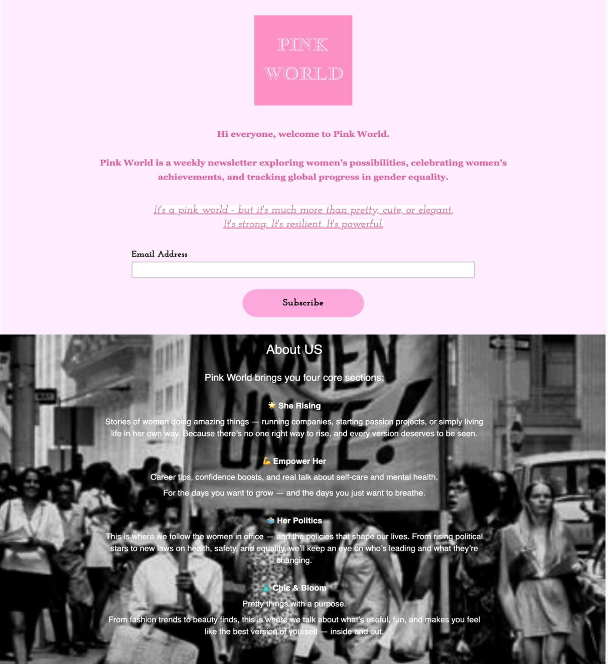 Pink World newsletter homepage